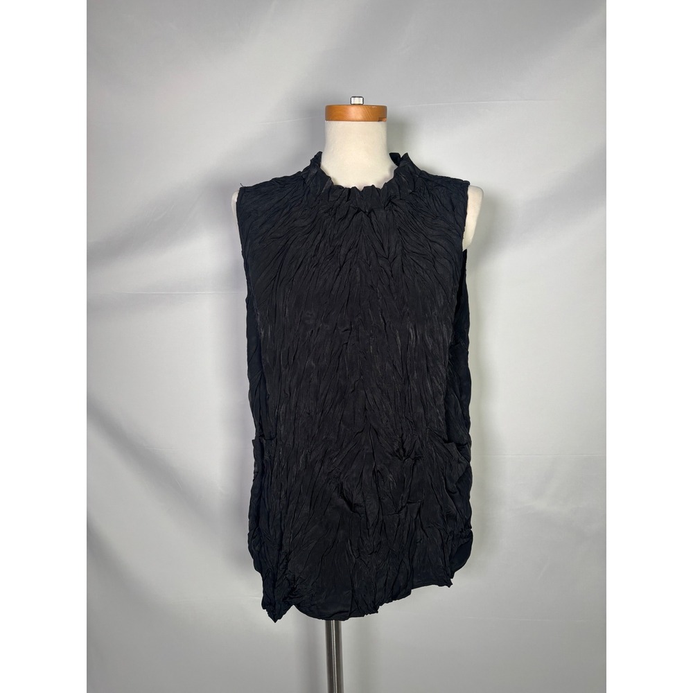 Shana Womens 1X Black Crinkle Pleated MockNeck Sleeveless Top Avant Garde Blouse